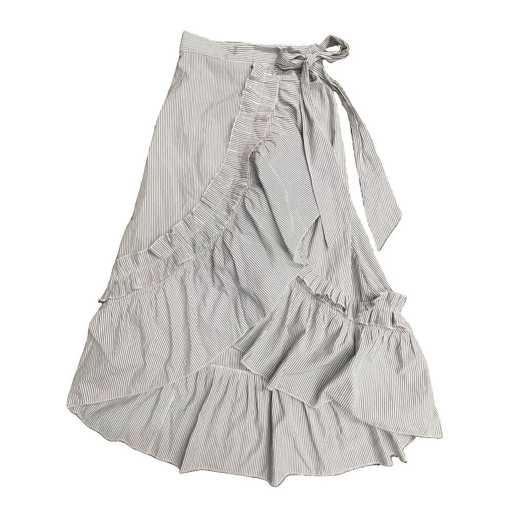 Gray & White Striped Wrap Hi Lo Ruffled Skirt Sz S Cottage Prairie